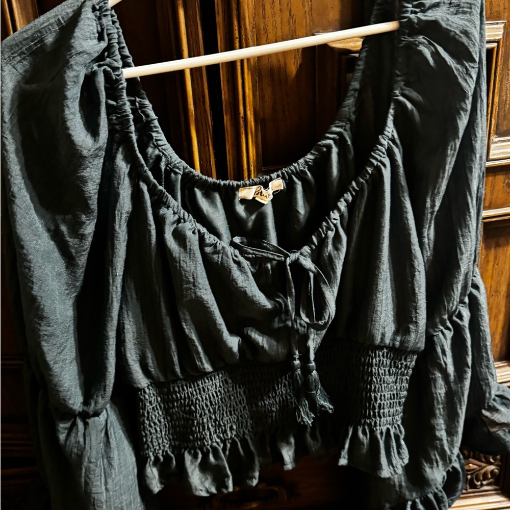 Ruche Black Smocked Peasant Crop Top with Tie